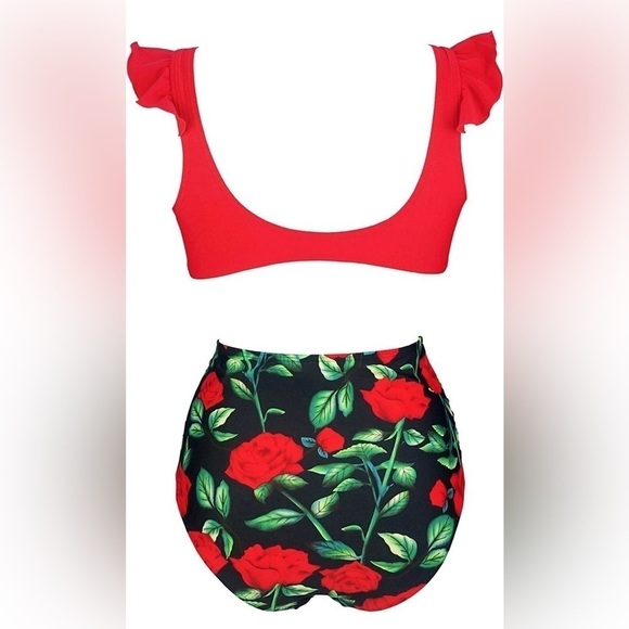 COCOSHIP Women's 14 Retro Floral High Waisted Bikini Tie Front Ruffle Swimsuit - Picture 3 of 5